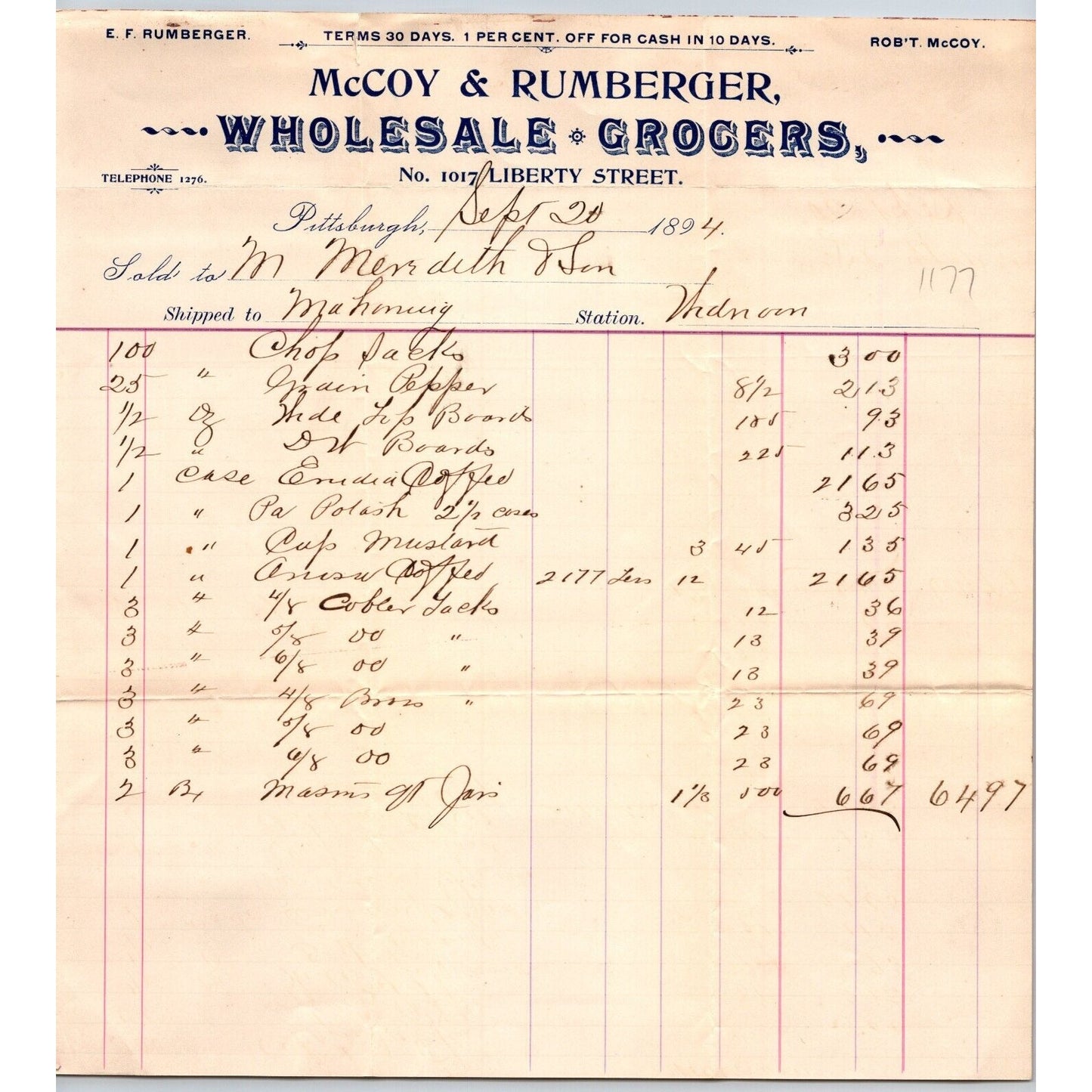 McCoy & Rumberger Grocers Liberty St. Pittsburgh 1894 Billhead Meredith & Son