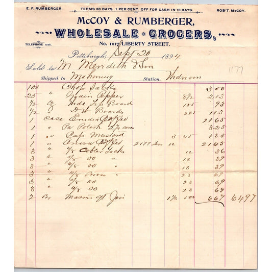 McCoy & Rumberger Grocers Liberty St. Pittsburgh 1894 Billhead Meredith & Son