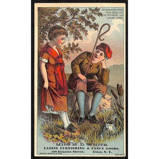 Miss M.D. White Utica, NY Ladies Furnishings Victorian Trade Card Shepherds ?