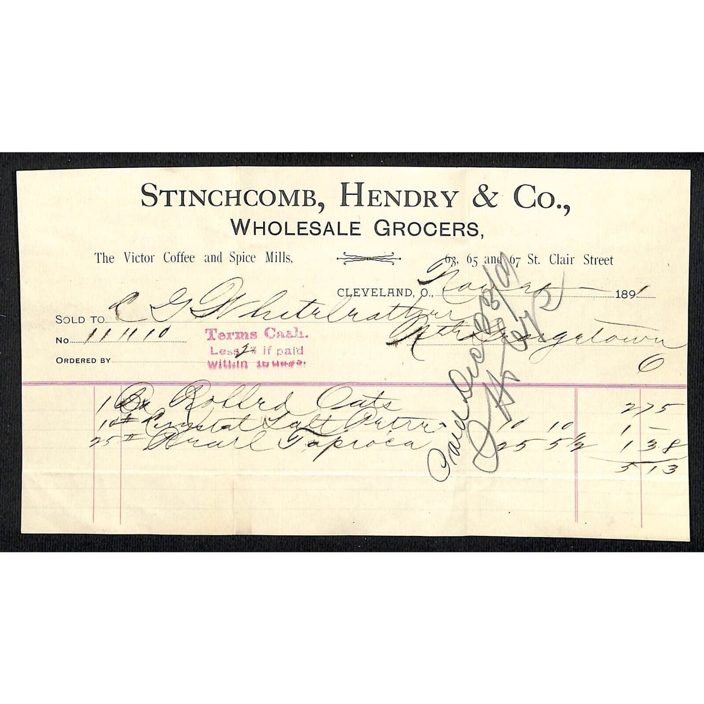 Stinchcomb, Hendry & Co 1891 Cleveland Billhead Whiteleather* N. Georgetown , OH