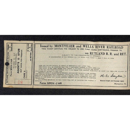 Montpelier and Wells River Railroad Unused First Class Ticket Scarce c1941 #87