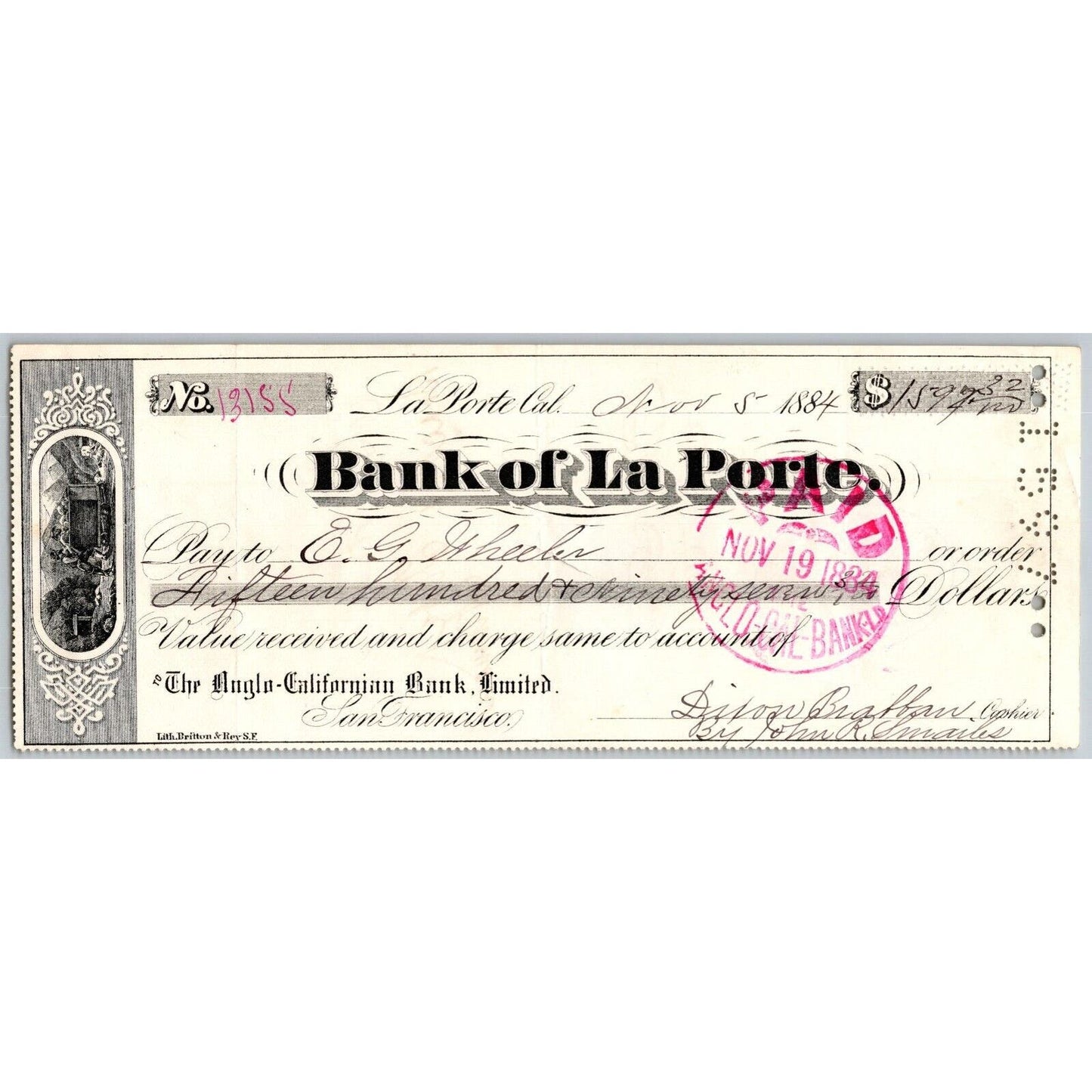 Bank of La Porte Check E.G. Wheeler* 1884 Mining Vignette #13155