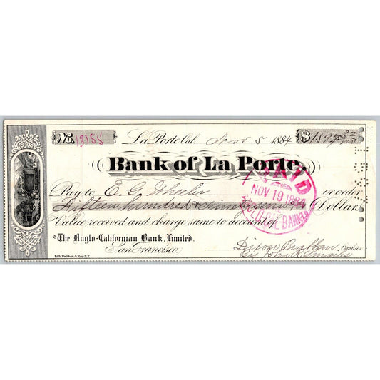 Bank of La Porte Check E.G. Wheeler* 1884 Mining Vignette #13155