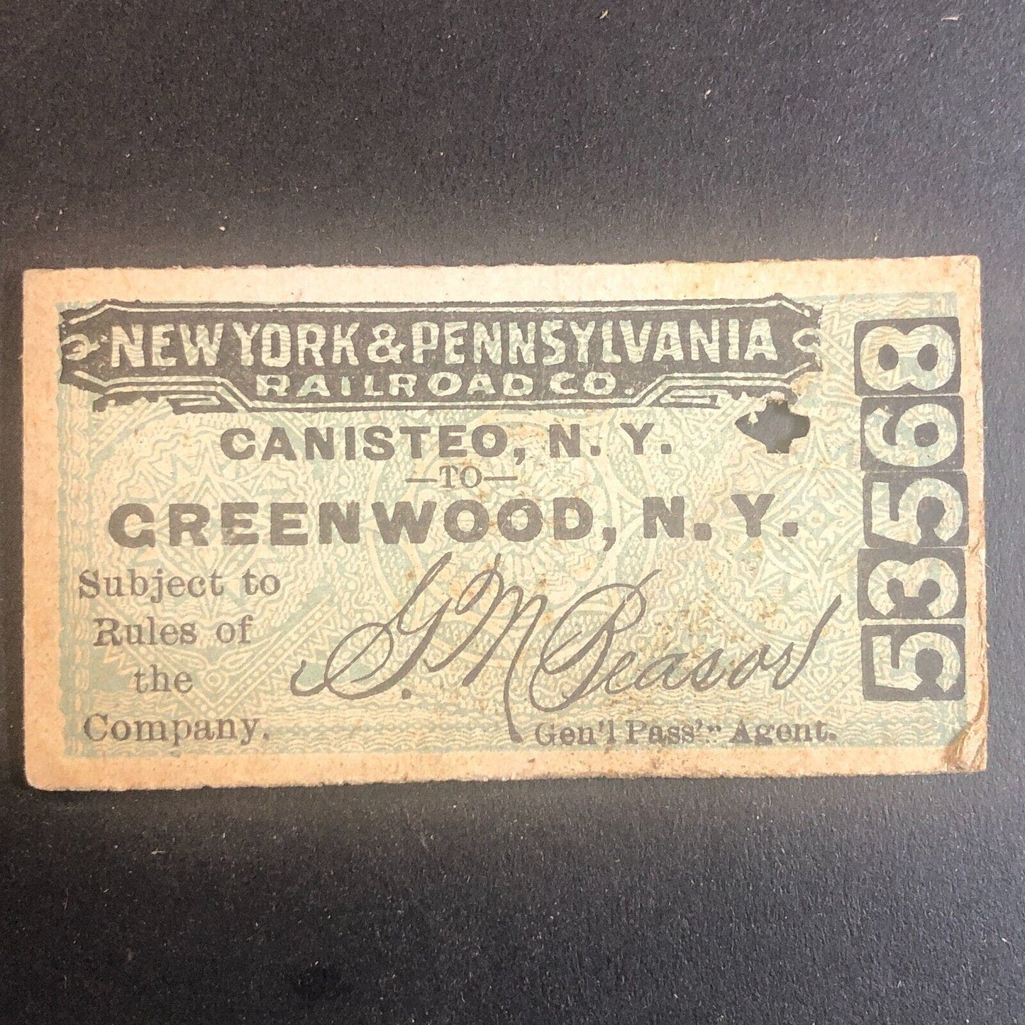New York & Pennsylvania Railroad July 18 1917 Greenwood, NY Ticket #53568