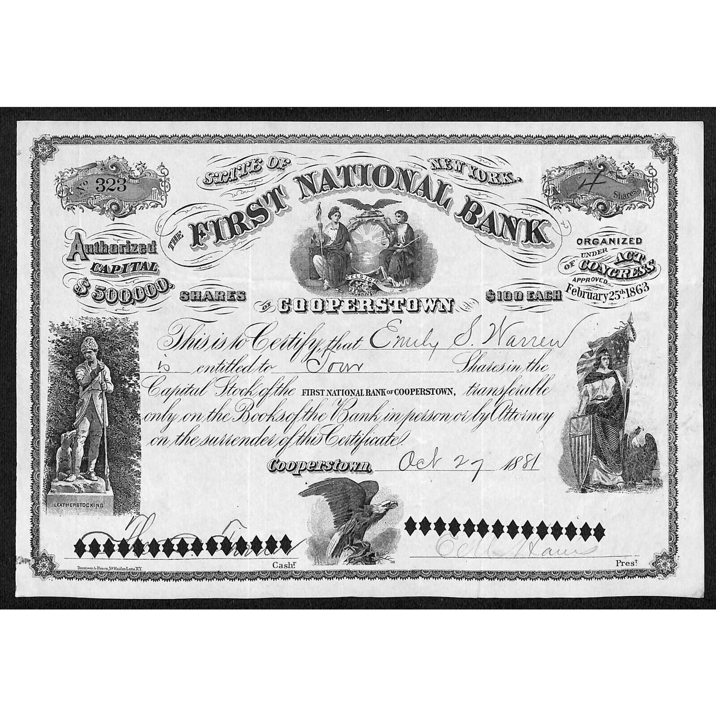 First National Bank Cooperstown, NY 1881 Stock Certificate Emily S. Warren