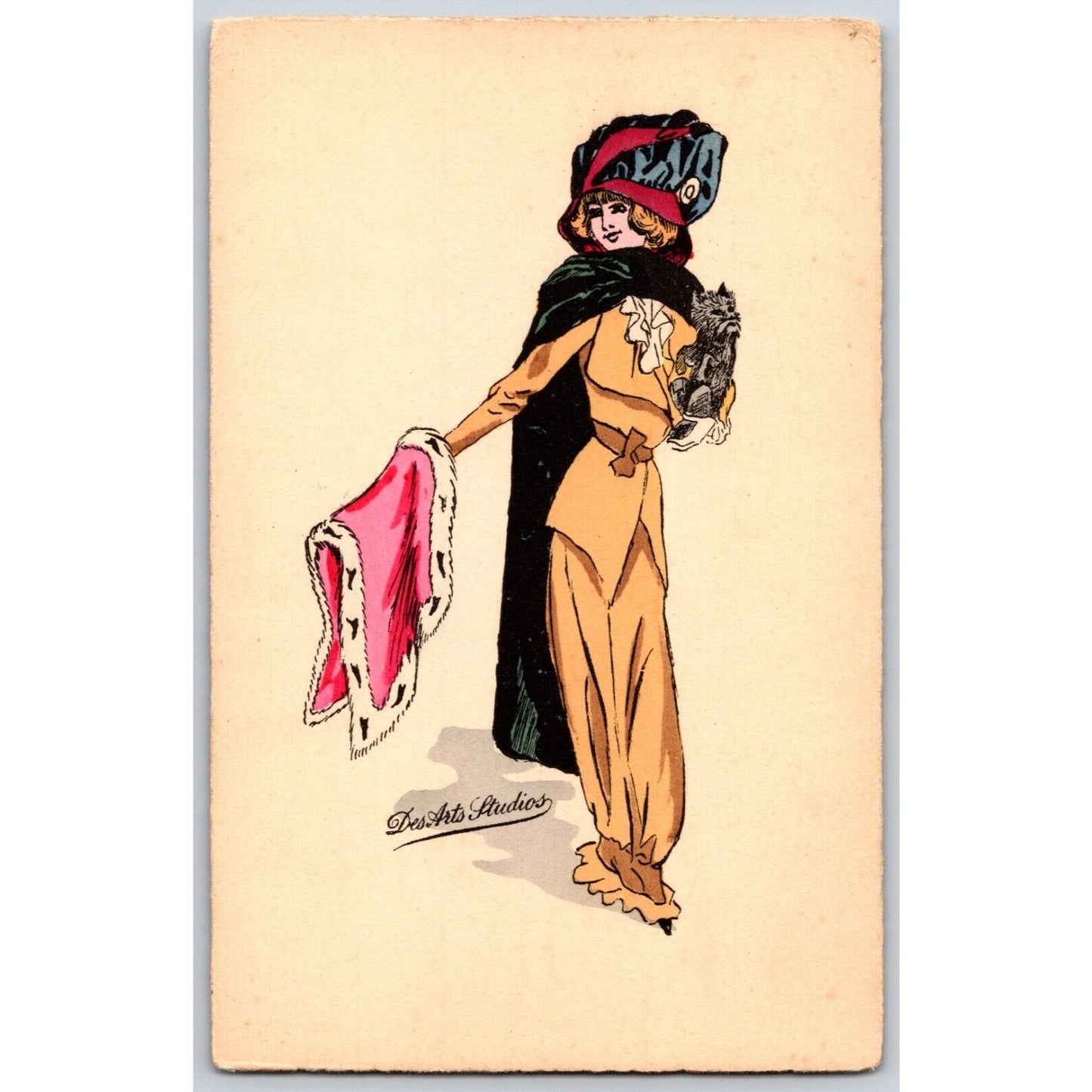 Des Arts Studios Art Nouveau Postcard Fancy Woman Fashion Fur Hat Cat (#6)