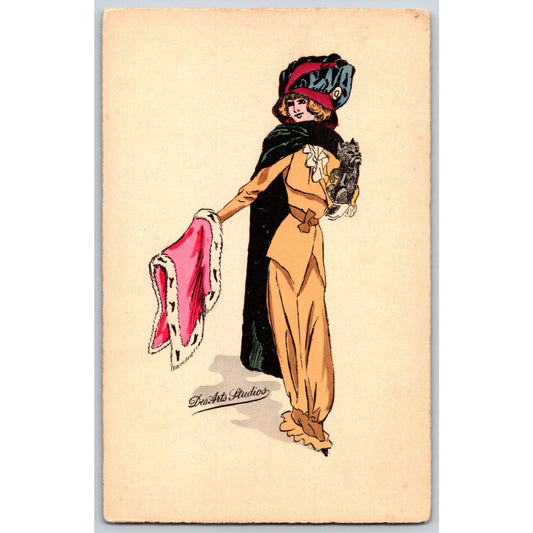 Des Arts Studios Art Nouveau Postcard Fancy Woman Fashion Fur Hat Cat (#6)