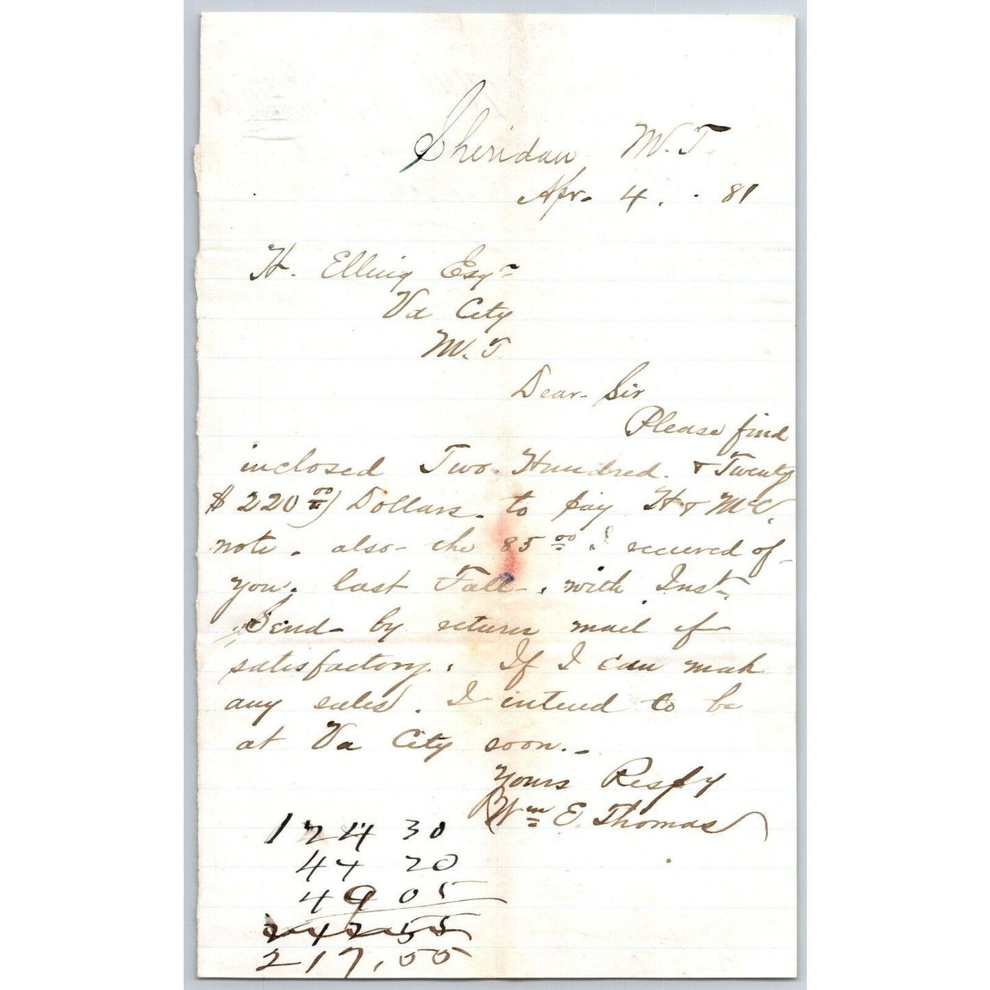 1881 ALS from William E. Thomas Sheridan, MT to Henry Elling* Virginia City, MT