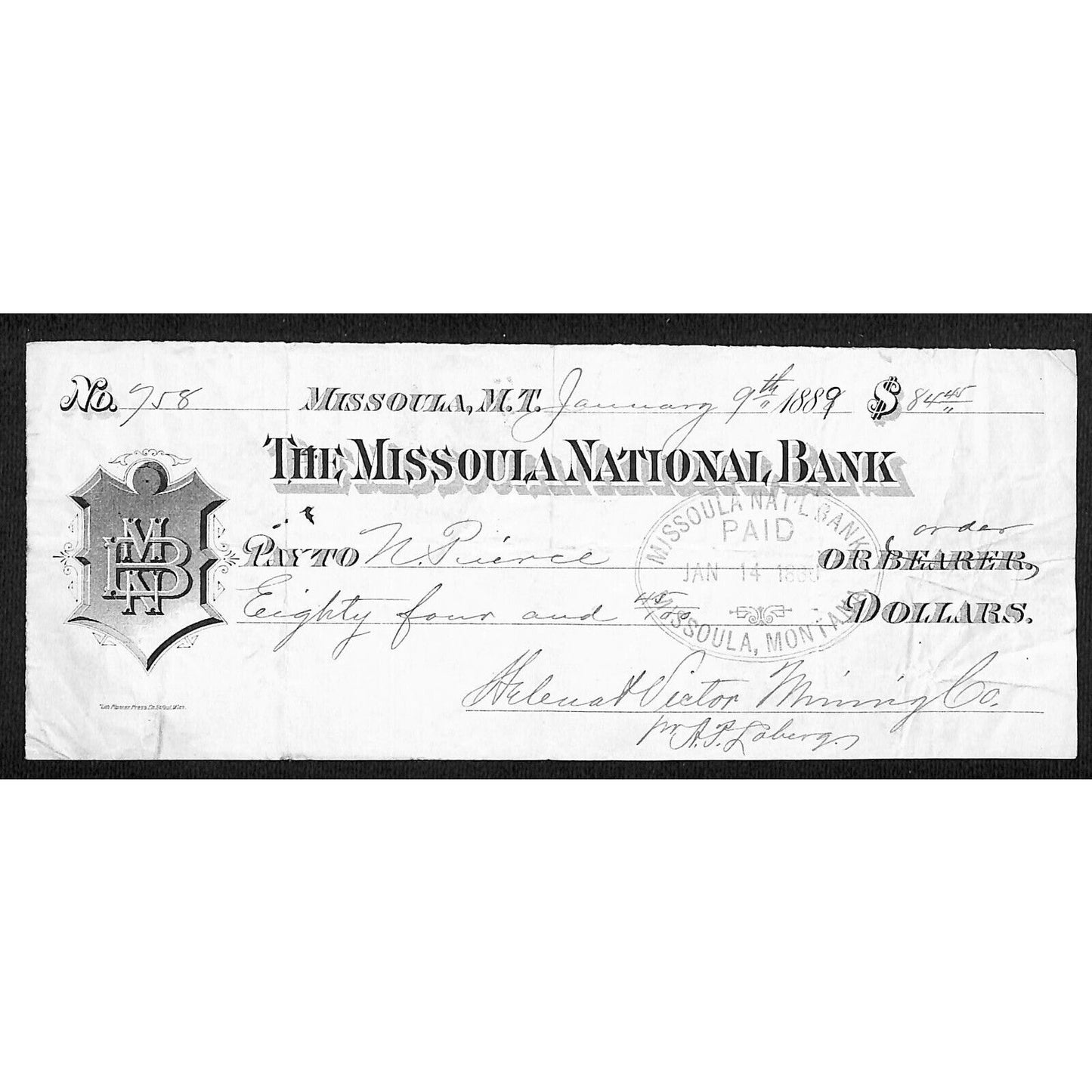 1889 Missoula National Bank Montana Territory Check Helena & Victor Mining #718