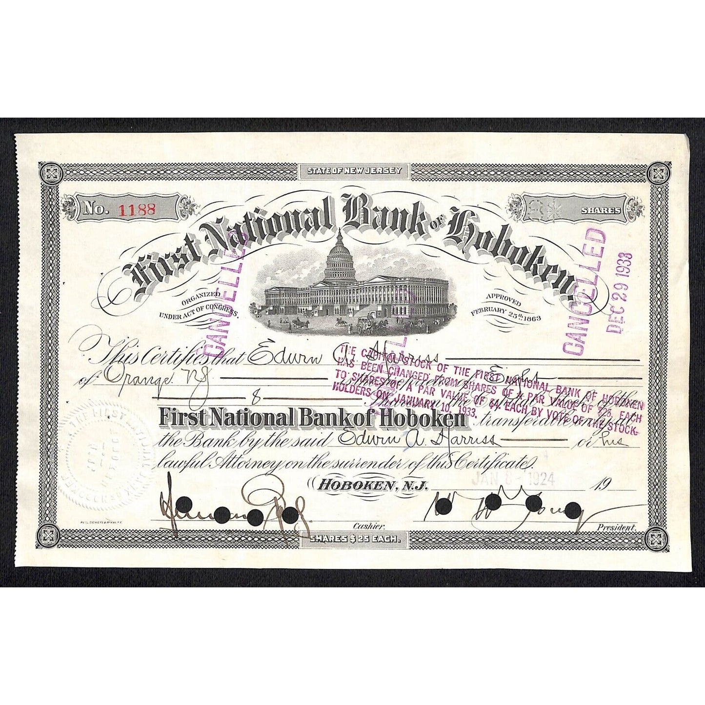 First National Bank of Hoboken NJ 1924 Stock Certificate Edwin A. Harriss