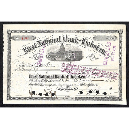 First National Bank of Hoboken NJ 1924 Stock Certificate Edwin A. Harriss