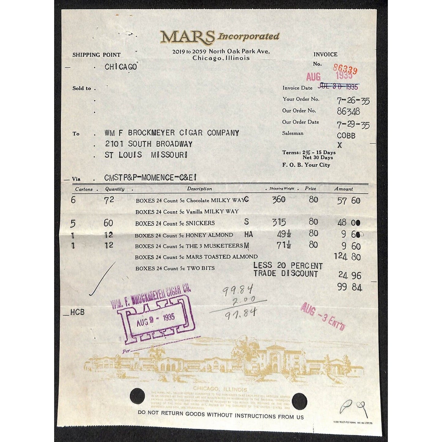 Chicago Mars Incorporated Milky Way Snickers Candy Bars 7/29 1935 Billhead