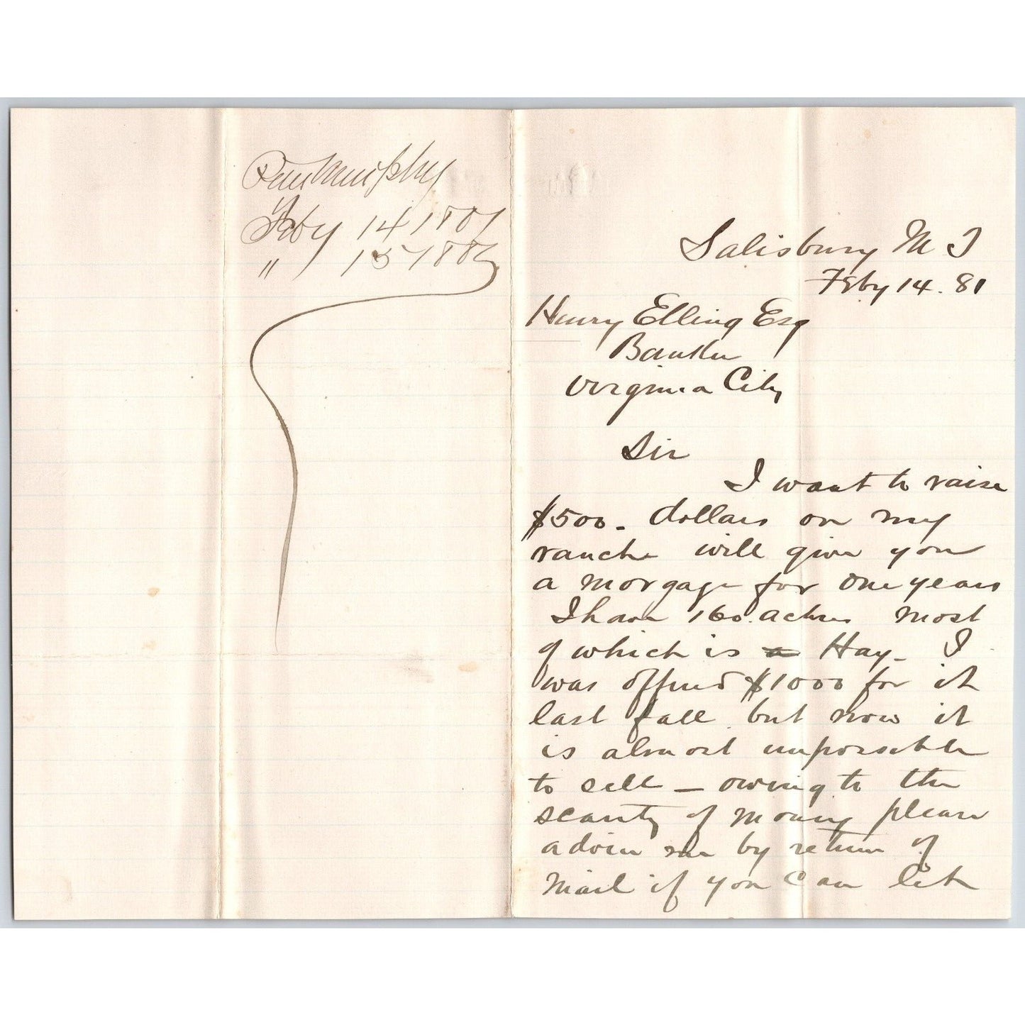 1881 ALS from Peter Murphy Salisbury MT to Henry Elling* "Want to Raise $500.."