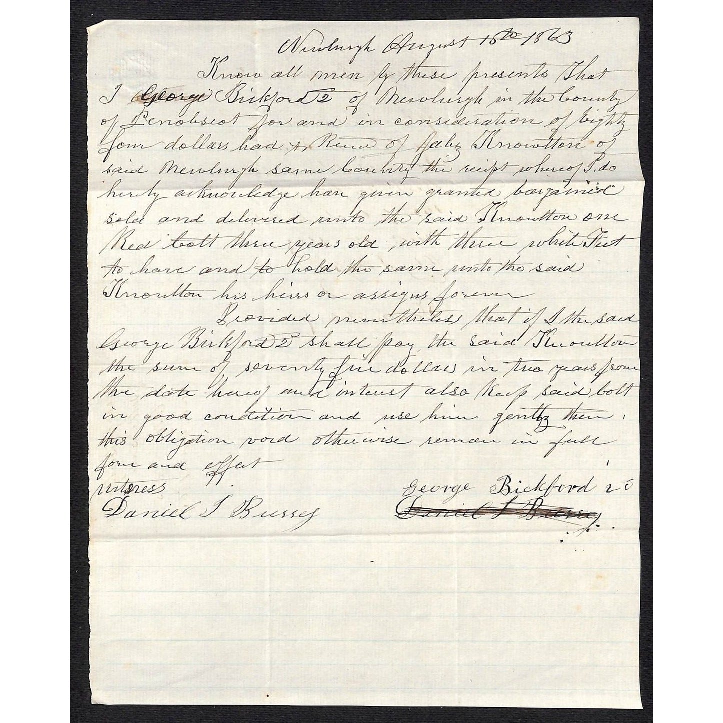 1863 George Bickford / Jabez Knowlton* Newburgh, ME " Sales Agreement Document