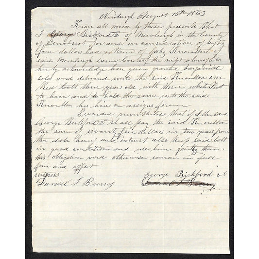 1863 George Bickford / Jabez Knowlton* Newburgh, ME " Sales Agreement Document