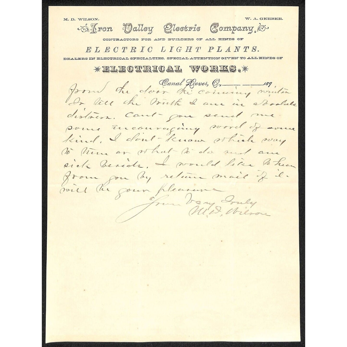 Iron Valley Electric Co. Canal Dover, OH 1890's 189x Letterhead Very Scarce