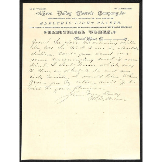 Iron Valley Electric Co. Canal Dover, OH 1890's 189x Letterhead Very Scarce