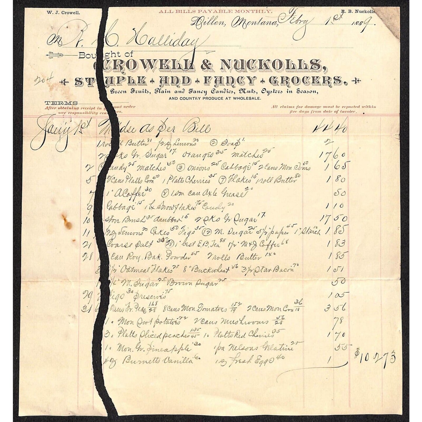 Dillon, MT Crowell & Nuckolls Staple & Fancy Goods 1889 Billhead R.C. Halliday*