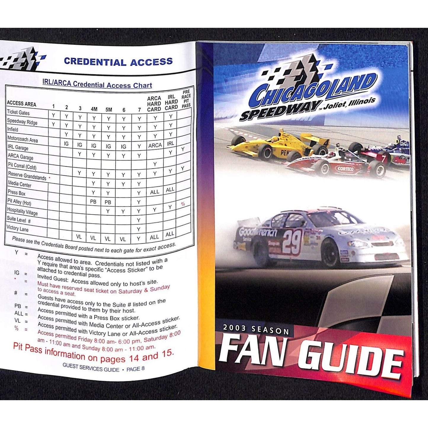 2003 Chicagoland Speedway IRL / ARCA Weekend Guest Services Guide 16pp VGC NOS