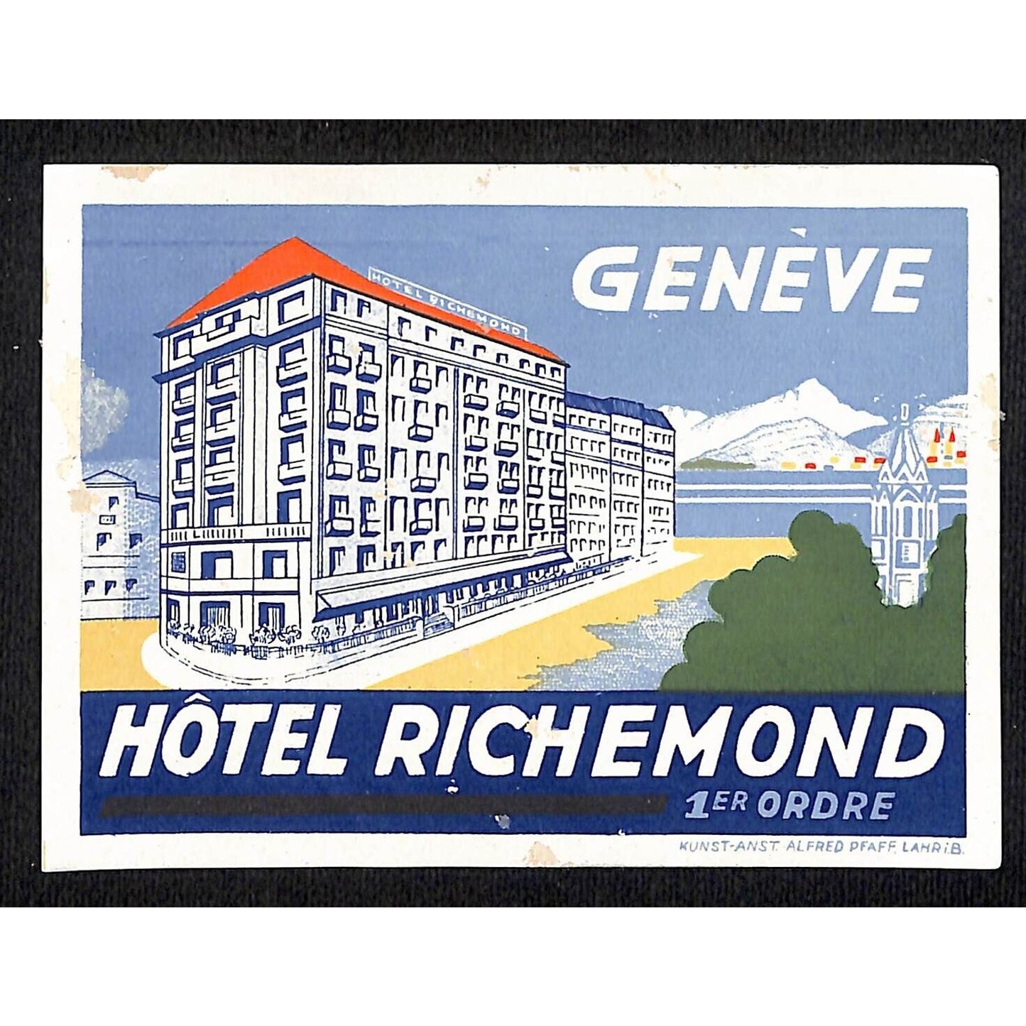 Hotel Richemond Geneve Luggage Label Original 3 1/4" x 4 1/2" VGC c1950's