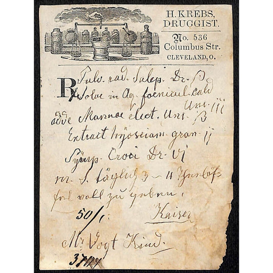 H. Krebs, Druggist Columbus St. Cleveland c1870's* Prescription #3704