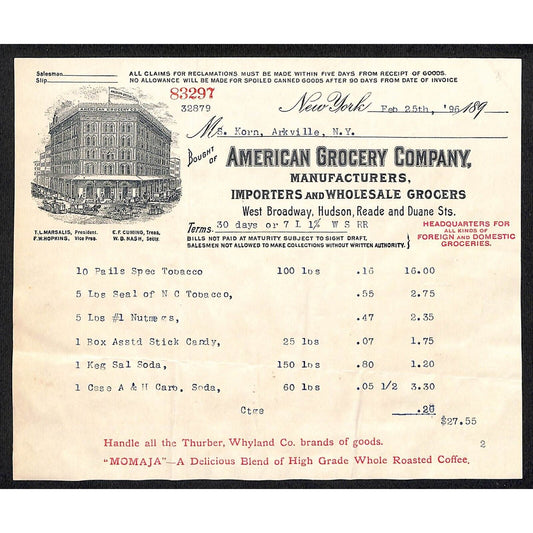 American Grocery Company West Broadway Hudson Reade Duane NYC 1896 Billhead