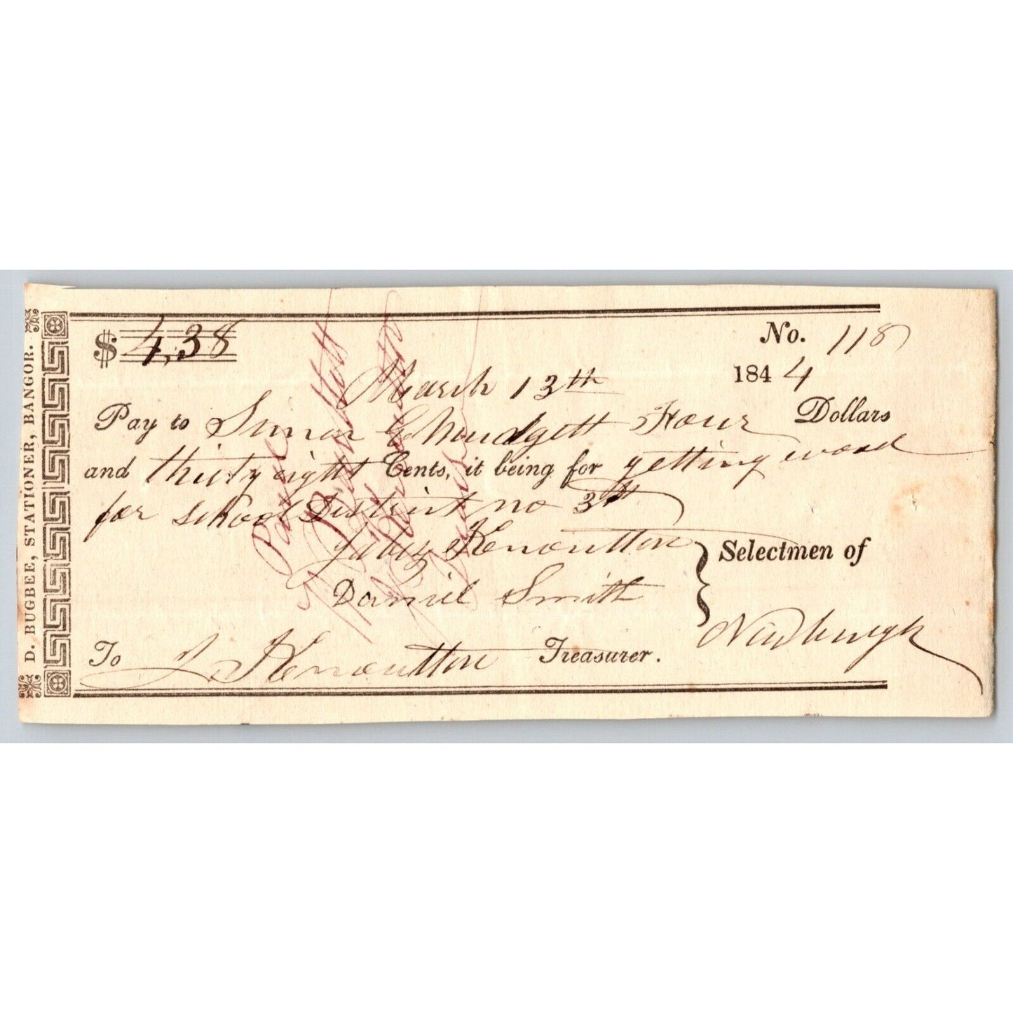1844 Jabez Knowlton* Newburgh ME Town Check for Simon & M___ ? for Getting Wood