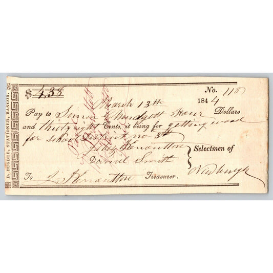 1844 Jabez Knowlton* Newburgh ME Town Check for Simon & M___ ? for Getting Wood