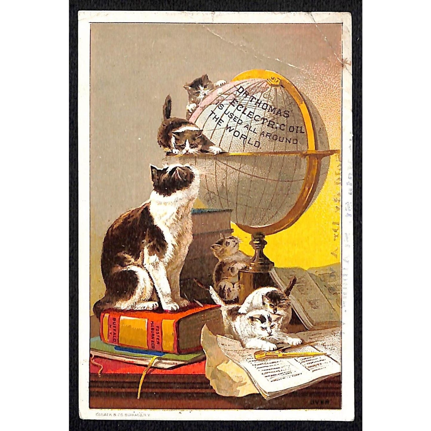 Dr. Thomas Eclectric Oil Victorian Trade Card Cats Play Around a Globe