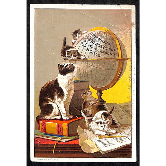 Dr. Thomas Eclectric Oil Victorian Trade Card Cats Play Around a Globe