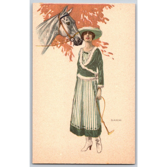 Art Nouveau Postcard Fancy Woman Fashion w/ Horse Signed Bianchi (#8)