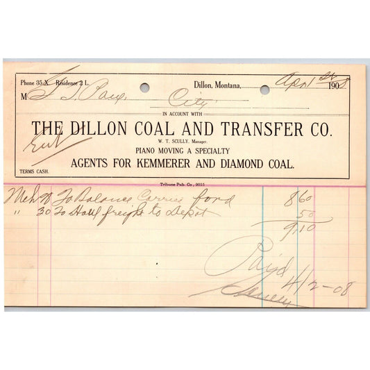 Dillon, MT Dillon Coal & Transfer Co Piano Moving Apr 1908 Billhead G.T. Paul*