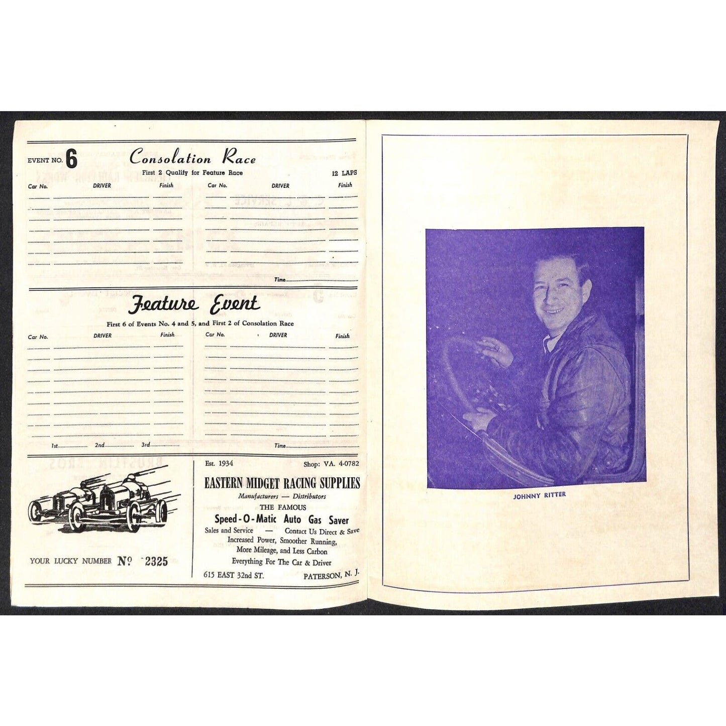 Hinchliffe Stadium ? Auto Racing Program Midget Car Al Duris Paul Russo - Scarce