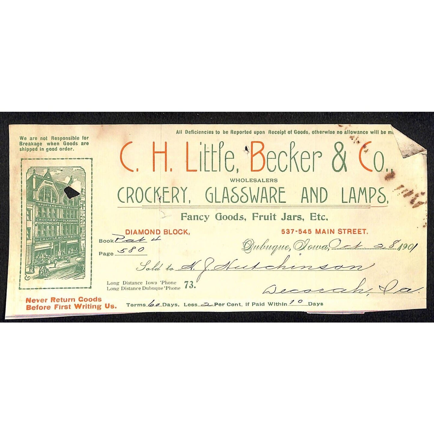 C.H. Little, Becker Co. Crockery Hutchinson Decorah, IA* Cut 1901 Billhead