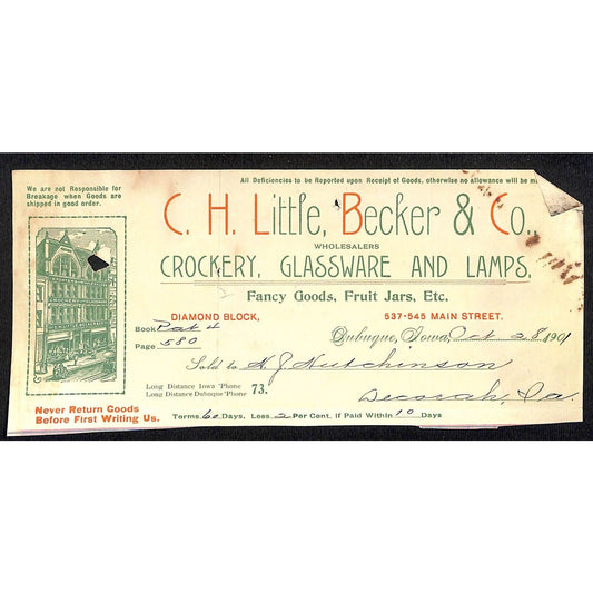 C.H. Little, Becker Co. Crockery Hutchinson Decorah, IA* Cut 1901 Billhead