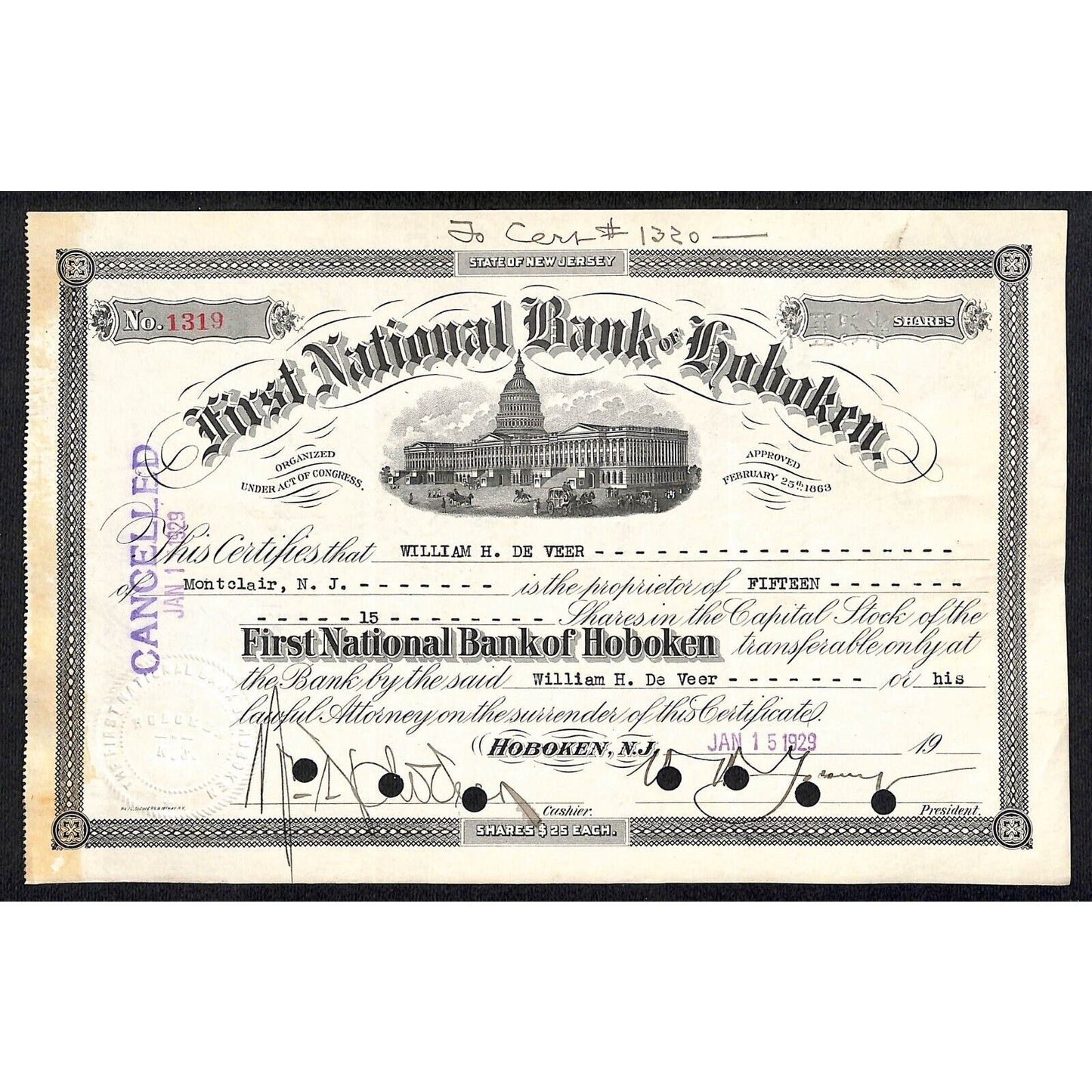 First National Bank of Hoboken NJ 1929 Stock Certificate to William H. De Veer
