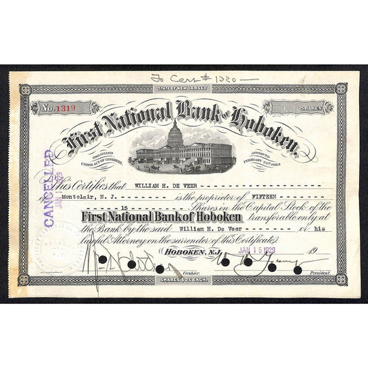 First National Bank of Hoboken NJ 1929 Stock Certificate to William H. De Veer