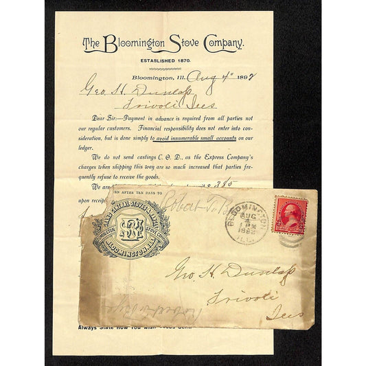 Bloomington Stove Company Illinois 1892 Payment up Front Notice