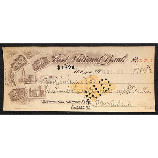 FNB Urbana, IL $189 1901 Bank Check Revenue Stamp w/ University Bldg. Vignettes