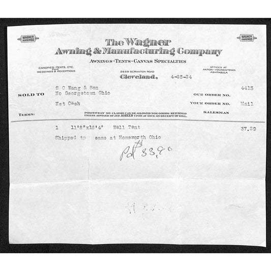 Wagner Awning Co. Cleveland 1934 Billhead Samuel Wang* N. Georgetown, OH