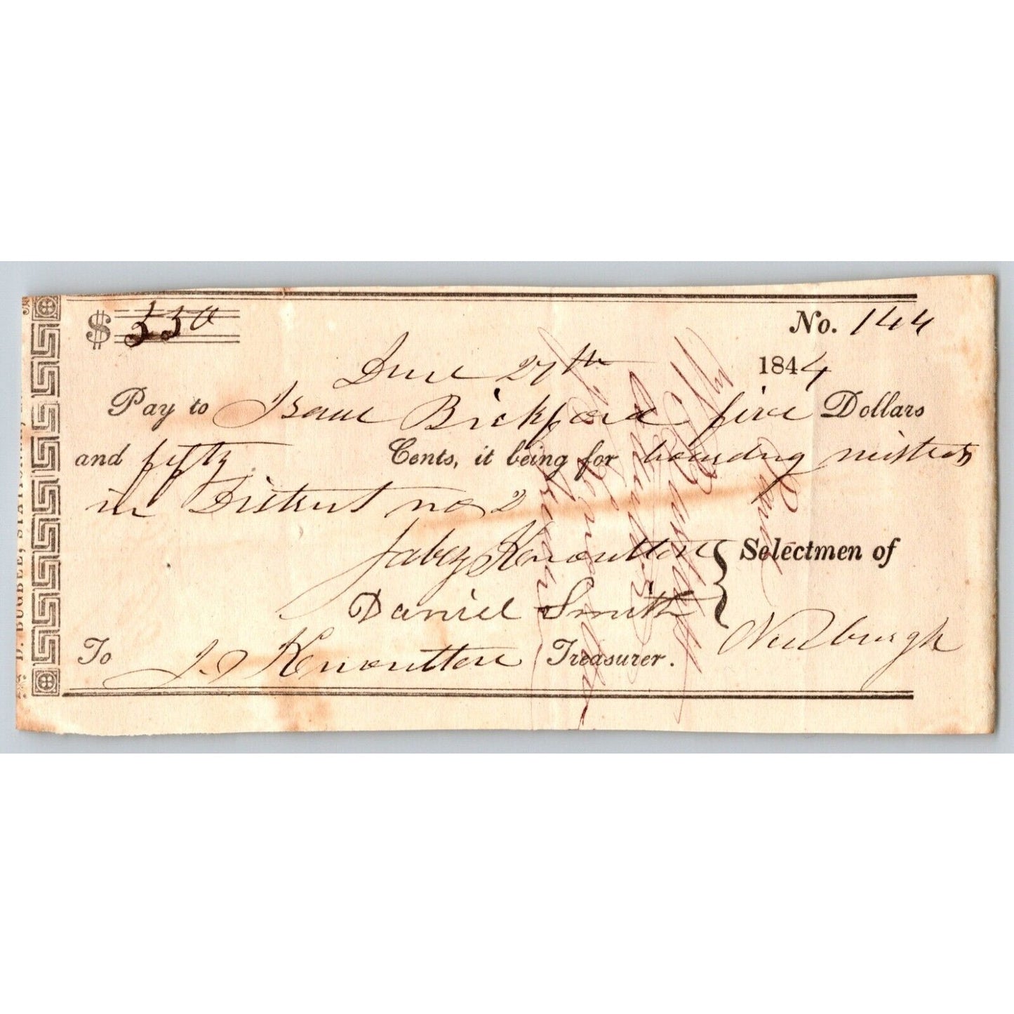 1844 Jabez Knowlton* Newburgh ME Town Check to Bickford for Boarding