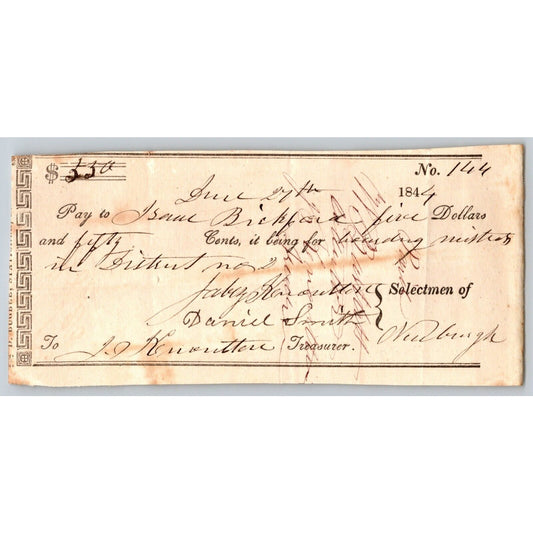 1844 Jabez Knowlton* Newburgh ME Town Check to Bickford for Boarding