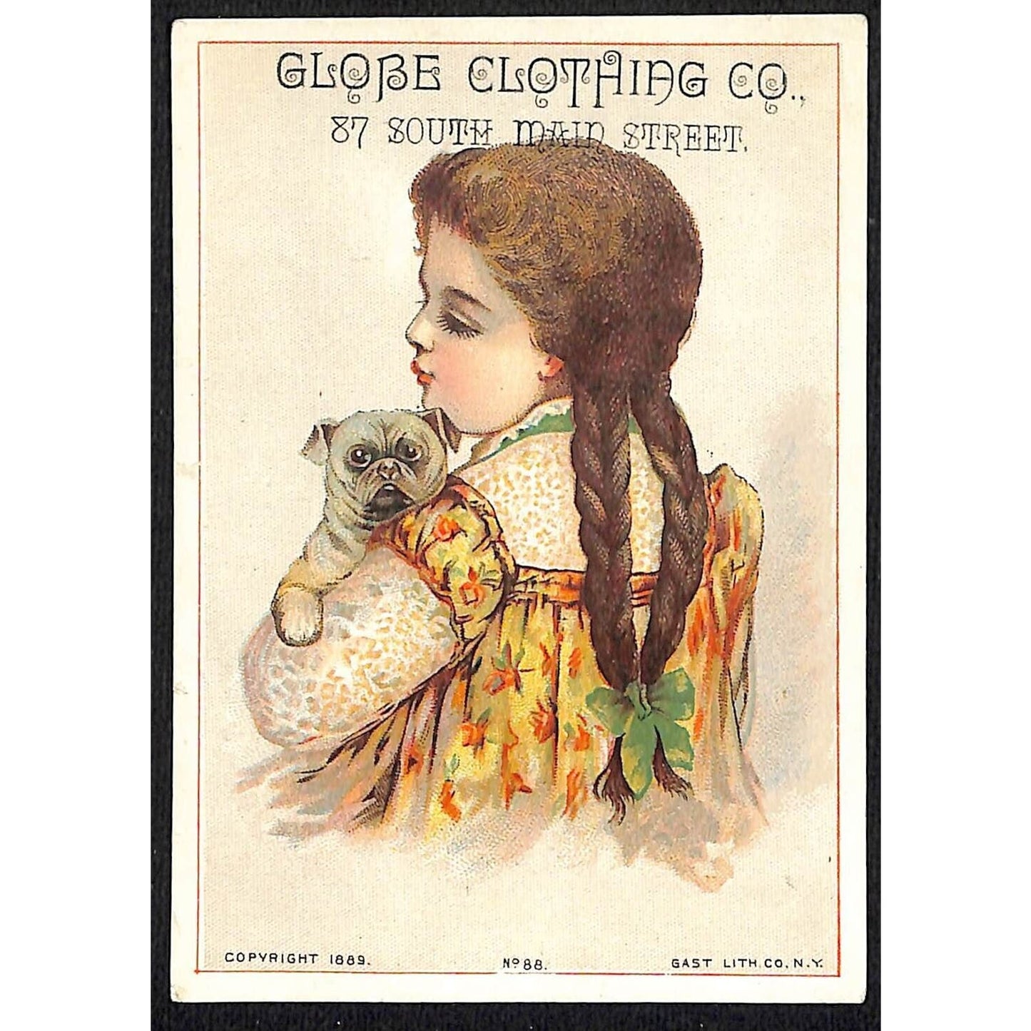 Globe Clothing Co. (Fall River, MA) Victorian Trade Card Girl with Boxer Dog ?