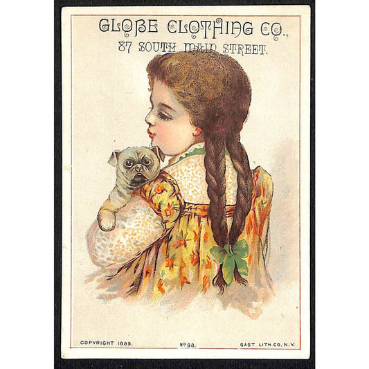 Globe Clothing Co. (Fall River, MA) Victorian Trade Card Girl with Boxer Dog ?