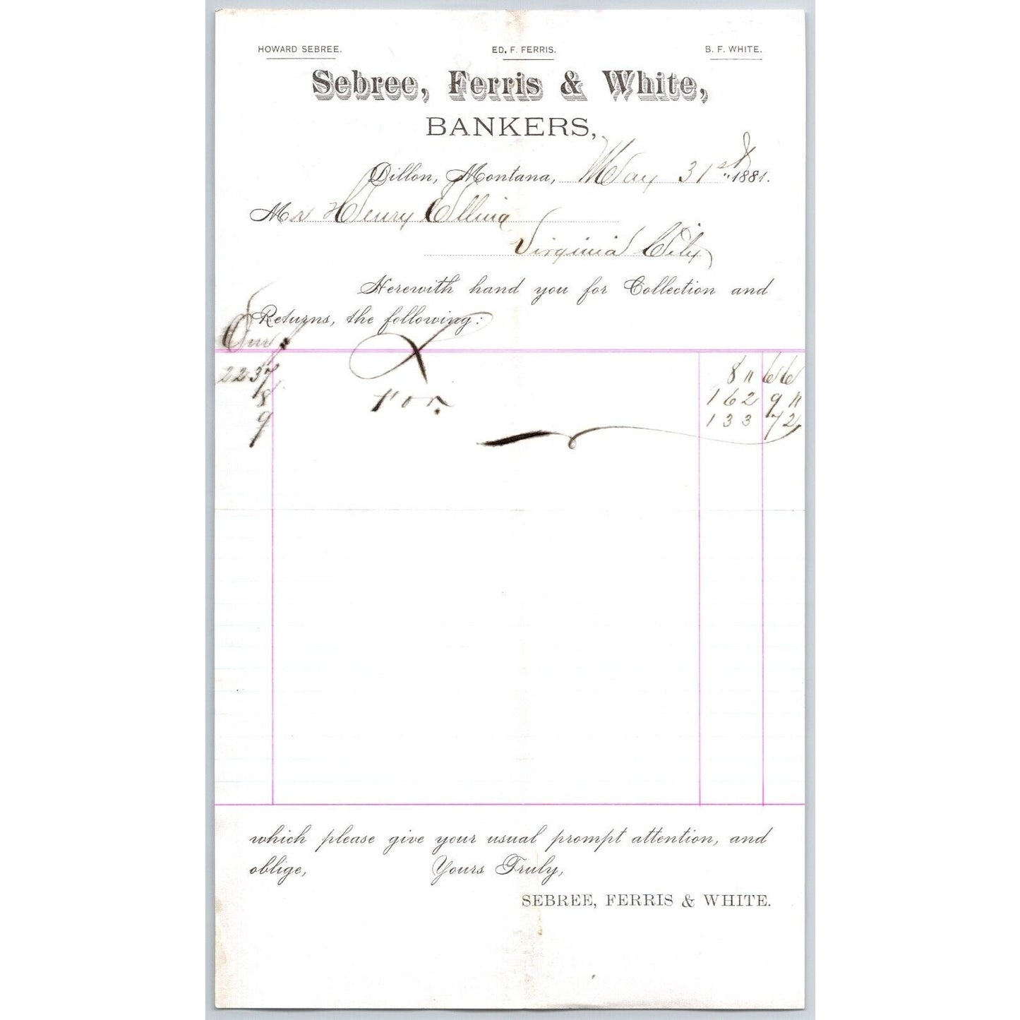 Sebree, Ferris & White Bankers Dillon, MT 5/31 1881 Statement Henry Elling*