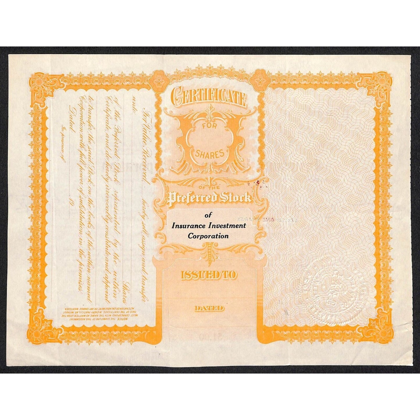 Insurance Investment Corporation 1929 Stock Certificate Robert Halls Scarce
