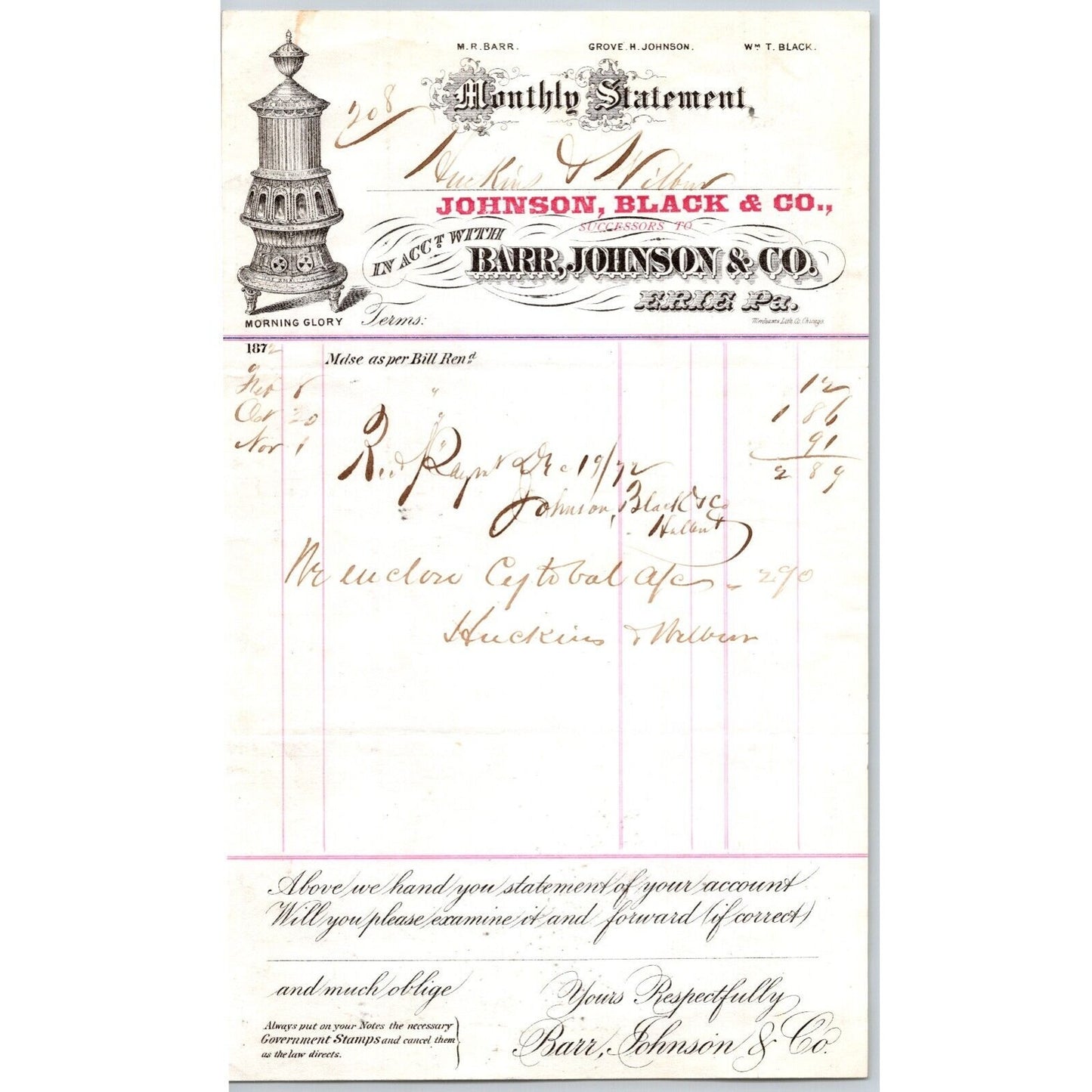 Johnson, Black & Co. Barr, Johnson & Co. Steves Erie, PA 1872 Statement