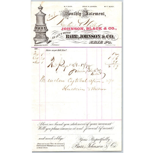 Johnson, Black & Co. Barr, Johnson & Co. Steves Erie, PA 1872 Statement