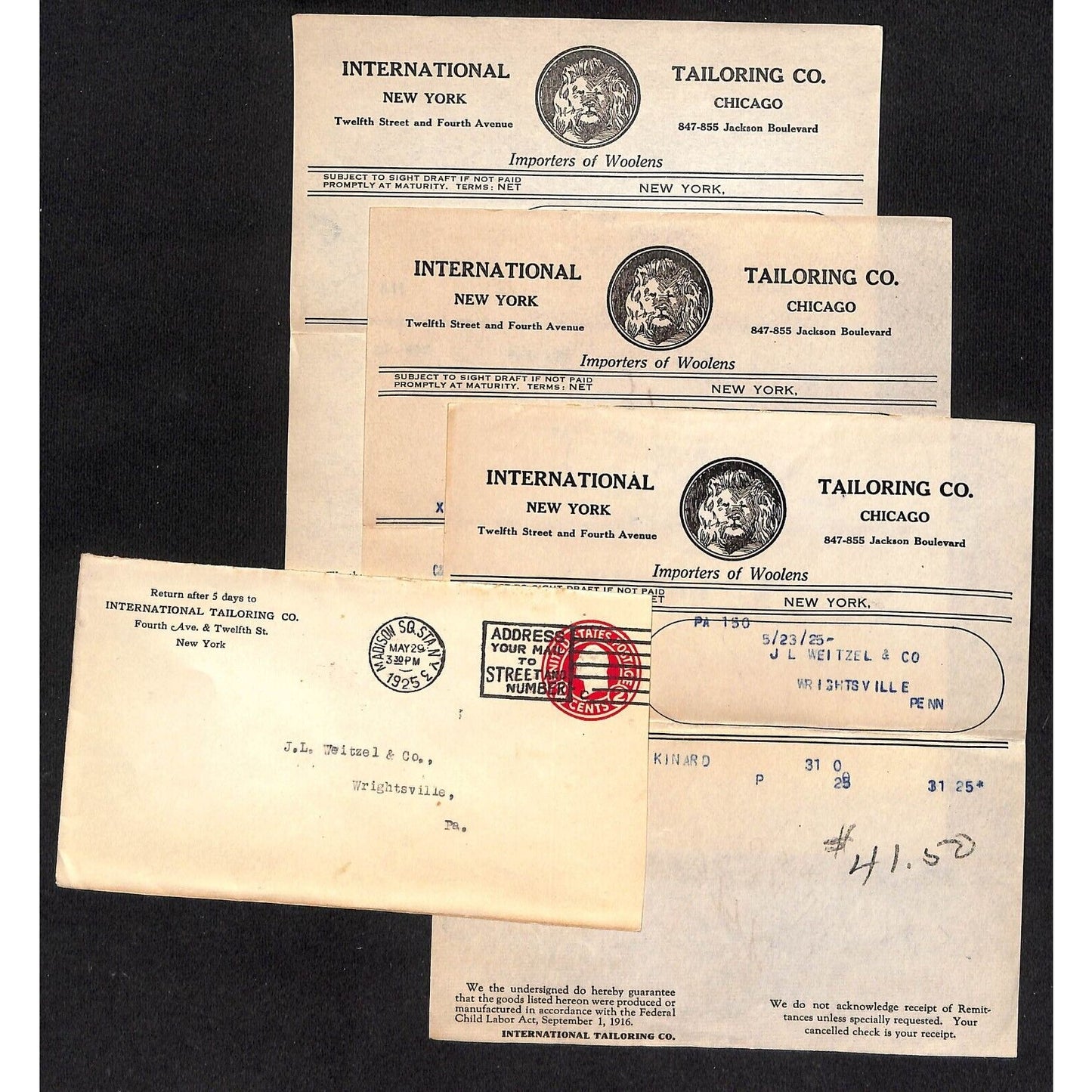 International tailoring Co. 12th St. & Fourth Ave NYC 1925 3 Billheads + Cover