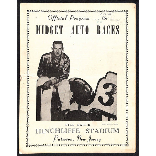 Hinchliffe Stadium Midget Auto Races 8/30/1946 Program Bill Baker 4pp Scarce